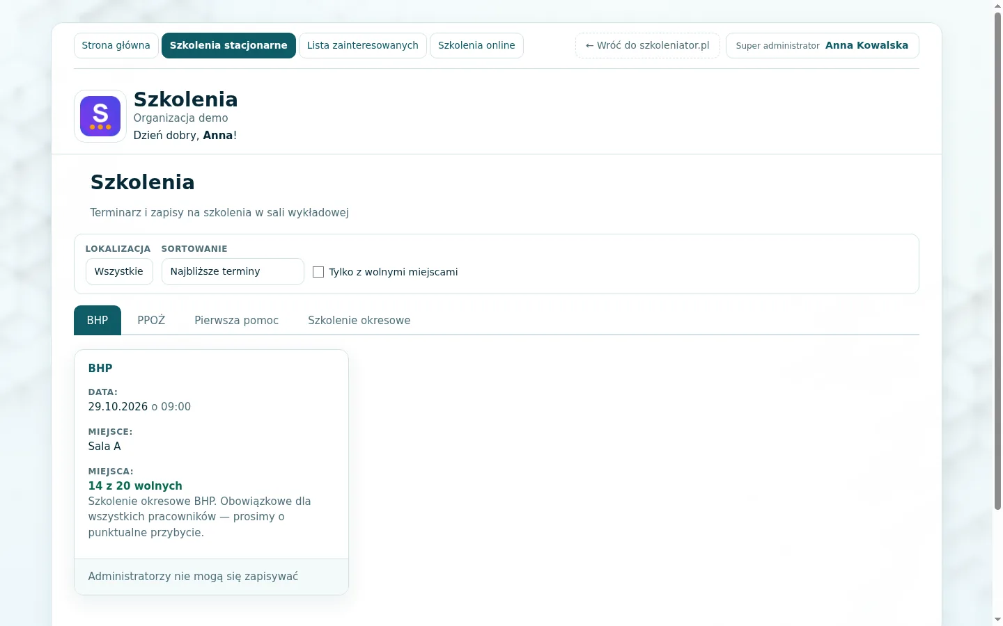 Lista szkoleń stacjonarnych z filtrami i liczbą wolnych miejsc