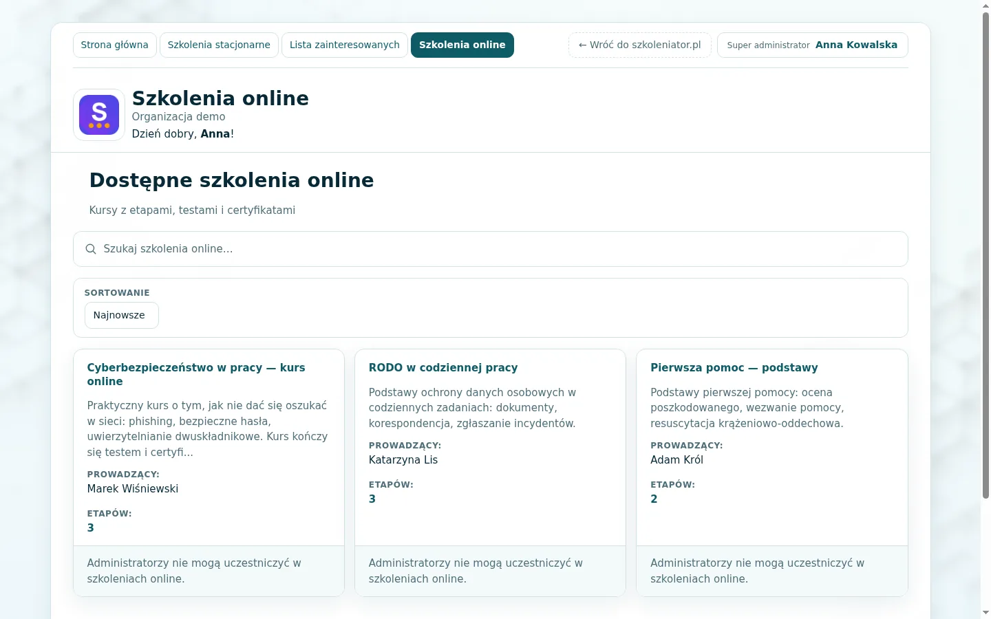 Lista szkoleń online z postępem ukończenia